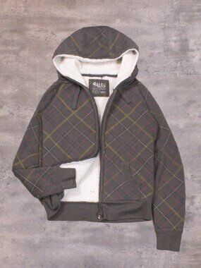 Y2K 00's Streetwear Society Lined Plaid Zip Sherpa Lined Grey Hoodie‎